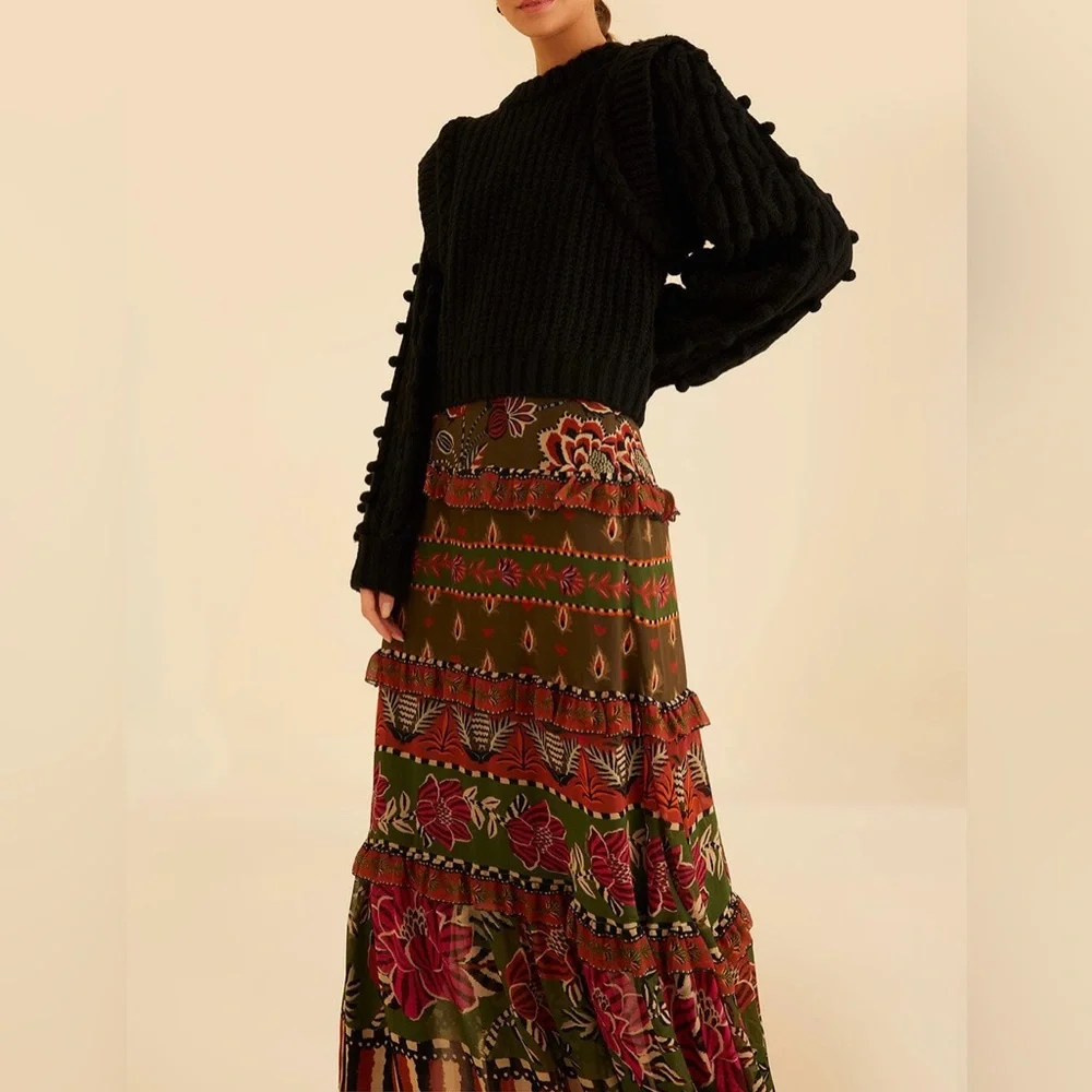FARM Rio Floral Tiered Maxi Skirt in Black, Green, Red, Orange